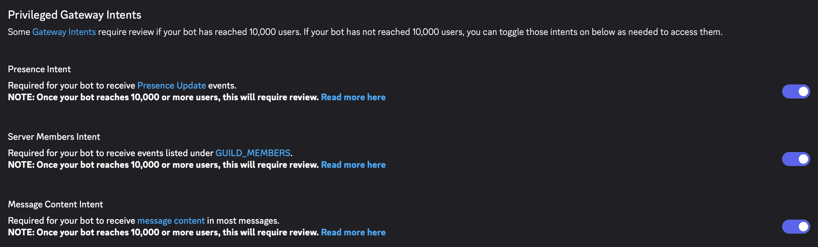 The privileged gateway intent switches on the Bot page