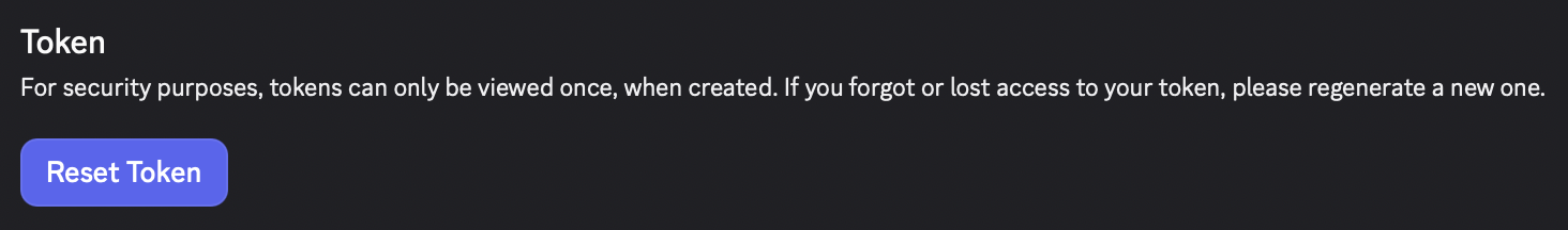 The Token block on the Bot page, with a Reset Token button